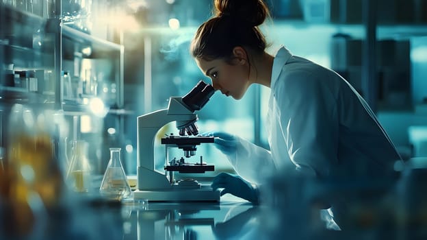 Scientist examining samples under a microscope in a laboratory setting.