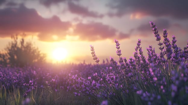 Serene lavender field at sunset, showcasing nature's beauty.