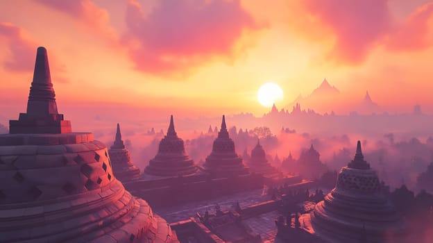 Serene sunset over ancient temples with misty landscape.