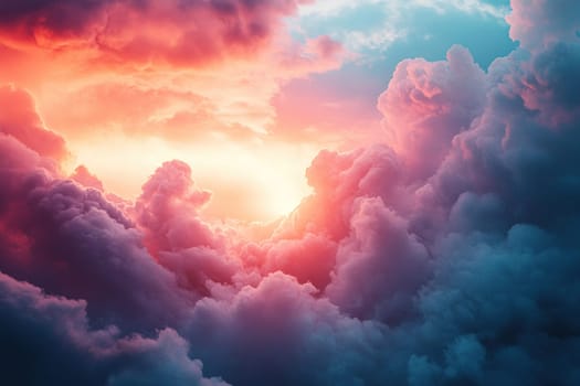 Gorgeous sky background with pastel pink smoke clouds. Thick cumulus pink clouds.