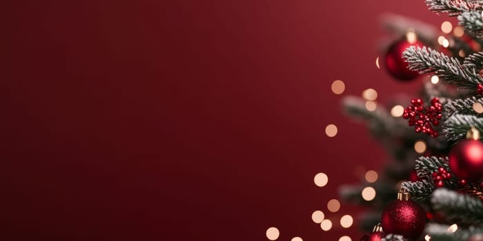 Red blurred glittering Christmas and New Year Background with large copy space. Holiday classic banner with bokeh lights.