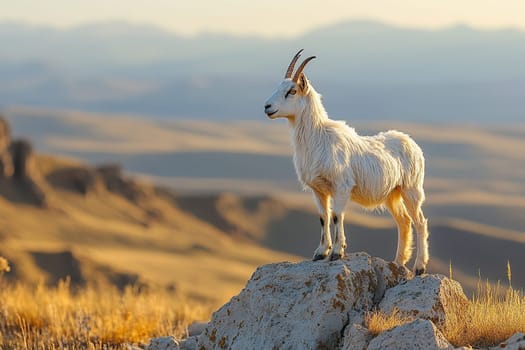 A white rocky ibex stands on a rock during golden hour in a mountain valley.