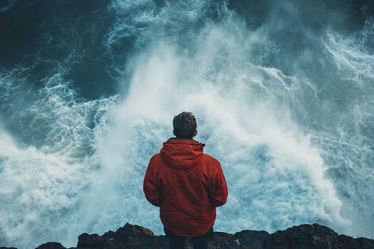 A man stands on a rock in a bay where huge waves crash and form foam. View from above.