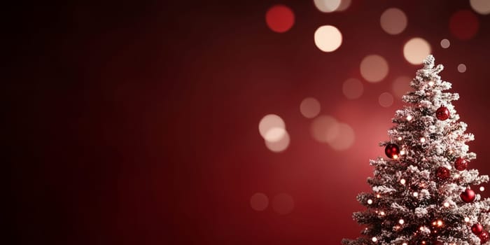 Red blurred glittering Christmas and New Year Background with large copy space. Holiday classic banner with bokeh lights.