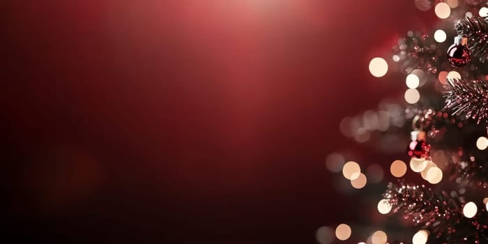 Red blurred glittering Christmas and New Year Background with large copy space. Holiday classic banner with bokeh lights.