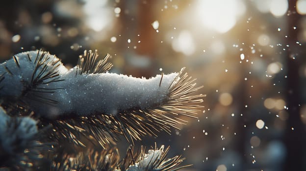Snow-covered pine branch glistening in soft sunlight.