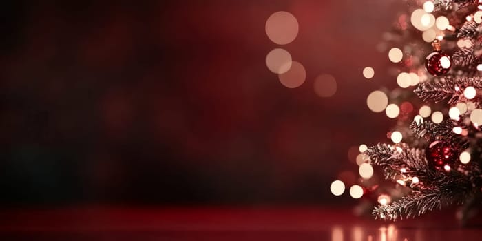 Red blurred glittering Christmas and New Year Background with large copy space. Holiday classic banner with bokeh lights.