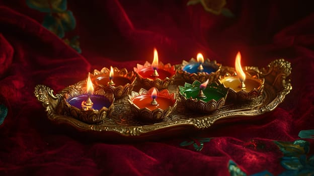 A decorative tray with colorful lit candles on a rich fabric background.