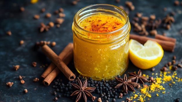 A jar of golden condiment surrounded by spices and lemon.