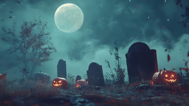 A spooky graveyard scene with pumpkins under a full moon.