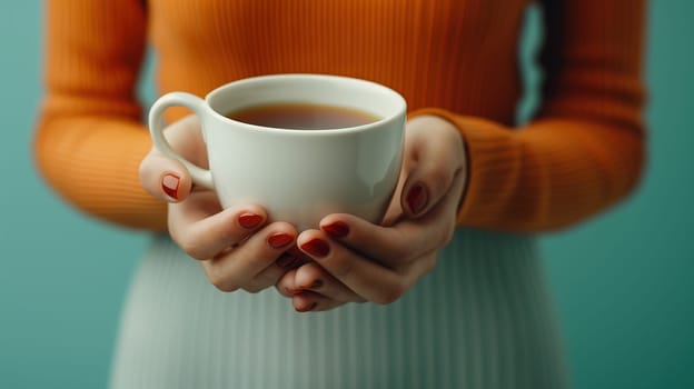 Close-up of hands with red nails holding a white ceramic cup of tea, with a colorful teal and orange background.