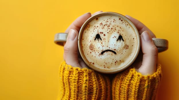 A close-up of hands holding a cappuccino cup with a sad face drawn in latte art, set against a bold yellow background.