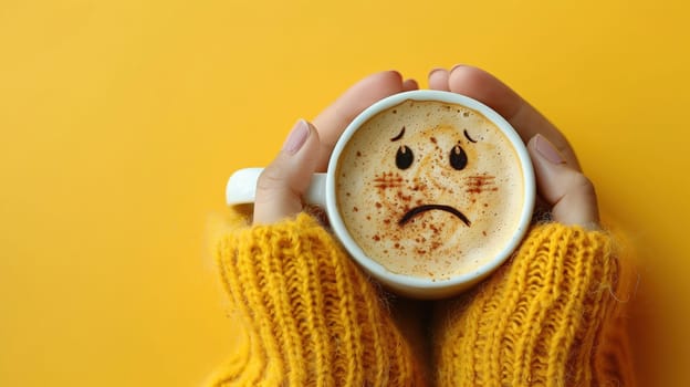 Top view of hands in yellow knit sweater holding cappuccino with a sad face latte art against a bright yellow background.