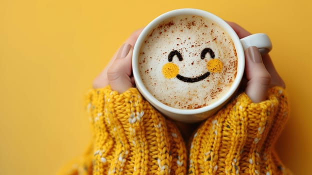 Close-up of a cappuccino with smiling face latte art held by cozy hands wearing a yellow sweater, set against a bright yellow background.