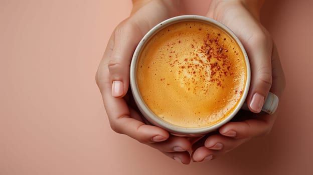 Close-up of hands holding a cup of coffee with frothy texture, set against a soft peach background.