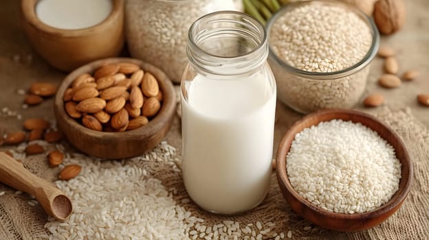 Various ingredients including rice, milk, and nuts for cooking.