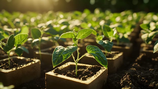 Young plants growing in soil-filled pots, symbolizing growth and cultivation.