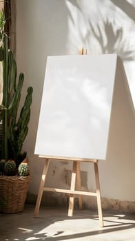 A blank canvas on an easel beside a potted cactus.