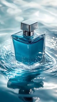 A blue perfume bottle resting in rippling water.