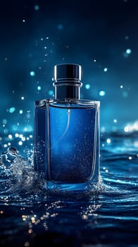 A blue perfume bottle surrounded by water and sparkling droplets.