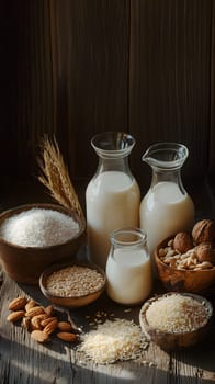 A collection of plant-based milk ingredients and products.