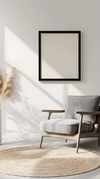 A cozy interior featuring a chair, rug, and decorative plant.