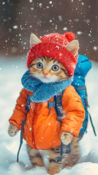 A cute cat dressed warmly in winter attire, ready for an adventure.
