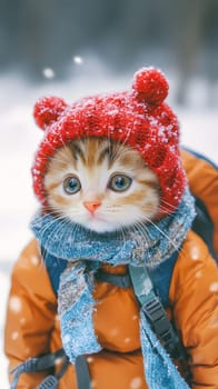 A cute cat wearing a red hat and scarf in a snowy landscape.