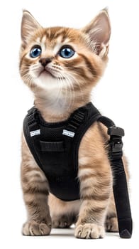 A cute kitten wearing a black harness, ready for outdoor adventures.