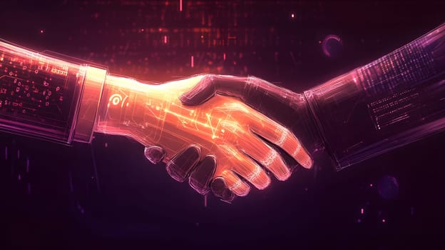 A digital handshake symbolizing collaboration and technology.