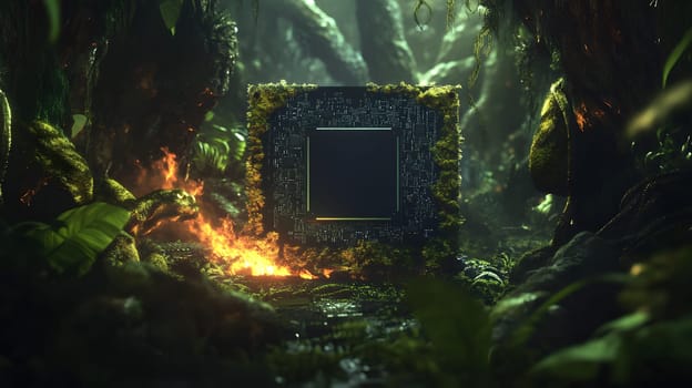 A futuristic chip surrounded by lush greenery and glowing elements.