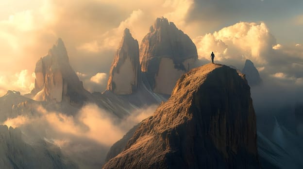 A lone figure stands on a mountain peak amidst dramatic clouds.