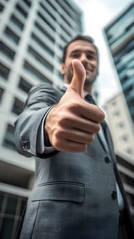 A man in a suit giving a thumbs-up gesture outdoors.