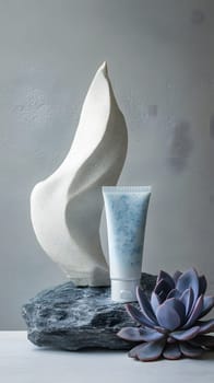 A minimalist display featuring a decorative sculpture, lotion, and plant.