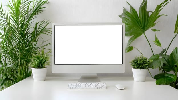 A minimalistic workspace featuring a computer and indoor plants.