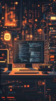 A modern workspace with a computer displaying code against a tech backdrop.