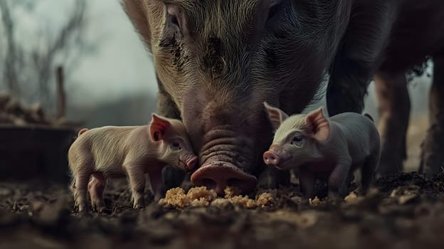 A mother pig feeding her two piglets in a farm setting.