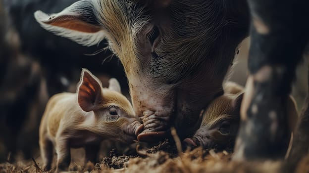 A mother pig with her piglets in a natural farm setting.