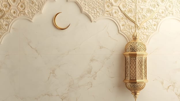 Elegant wall with crescent moon and ornate lantern design.