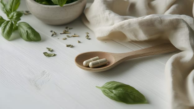 Herbal supplements with fresh basil leaves on a wooden spoon.