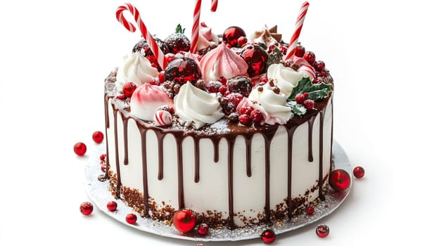 A beautifully decorated holiday cake adorned with berries, pine, and whipped cream for festive celebrations.