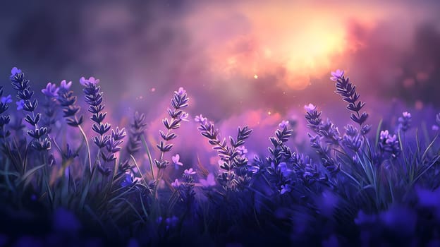 A serene lavender field at sunset, creating a tranquil atmosphere.