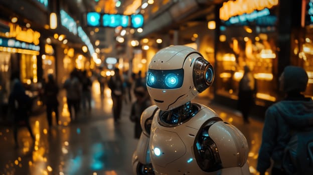 A humanoid robot with glowing blue eyes walking through a futuristic, bustling shopping mall filled with glowing neon lights and blurred crowd motion.