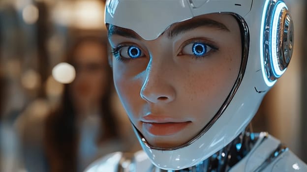 A hyper-realistic close-up of a humanoid robot with glowing blue mechanical eyes, showcasing advanced futuristic technology and human-like features.