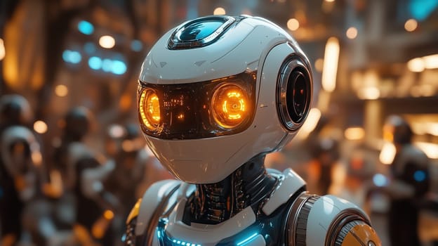 A close-up of a futuristic humanoid robot with glowing orange eyes, surrounded by a robotics laboratory with other AI machines in the background.