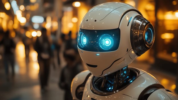 A humanoid robot with bright glowing blue eyes interacting in a futuristic shopping mall with a vibrant neon-lit environment.