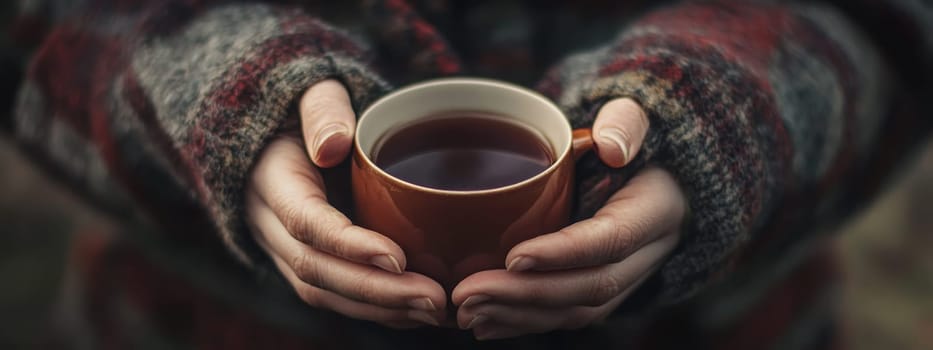 Girl holding a cup of mulled wine in her hands. Generative AI, drink