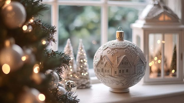 Christmas, holiday decor and country cottage style, cosy atmosphere, decorated Christmas tree in the English countryside house living room with fireplace, interior decoration idea