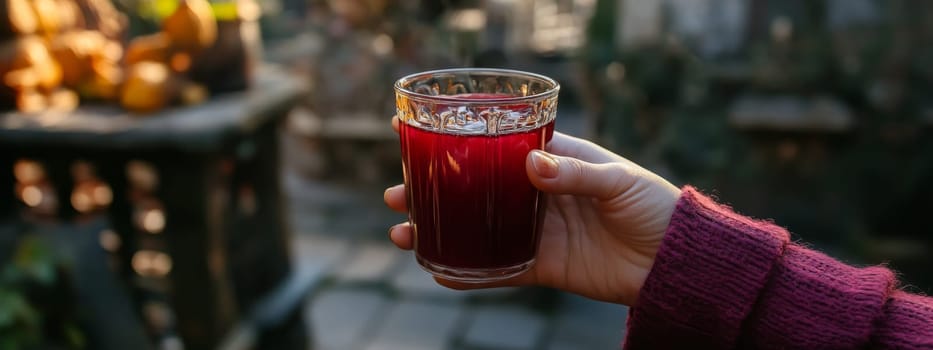 Girl holding a cup of mulled wine in her hands. Generative AI, drink