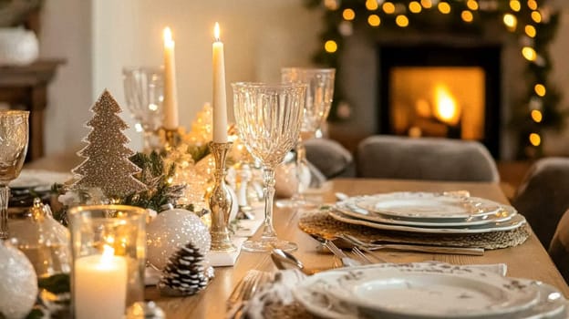 Christmas, holiday decor and country cottage style, cosy atmosphere, decorated Christmas tree in the English countryside house living room with fireplace, interior decoration idea